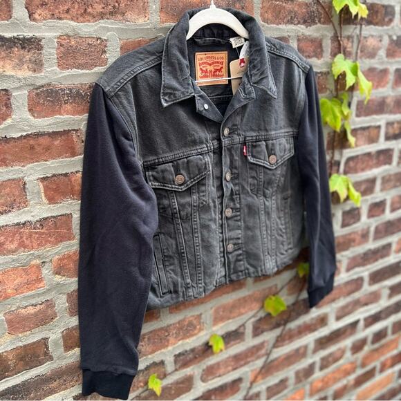 NEW Size XS Levis Ex Boyfriend Denim Hybrid Trucker Jean Jacket Washed Black - Picture 4 of 9